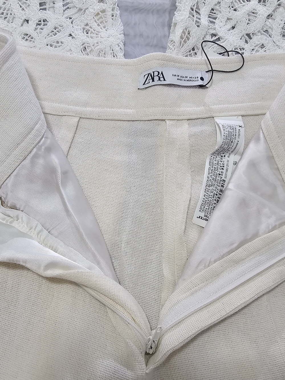ZARA Women Beige Solid Wide-Leg Pants High Rise Lace Hem Pockets Zip Button M - Picture 7 of 12